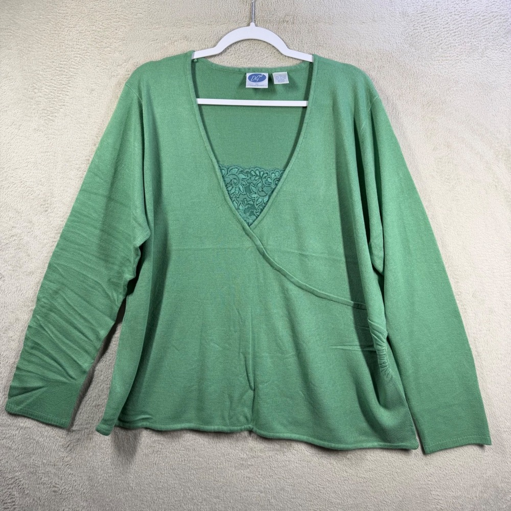 DG2 Diane Gilman Faux Wrap Sweater Womens 2X Green Lace Inset Soft Knit Top